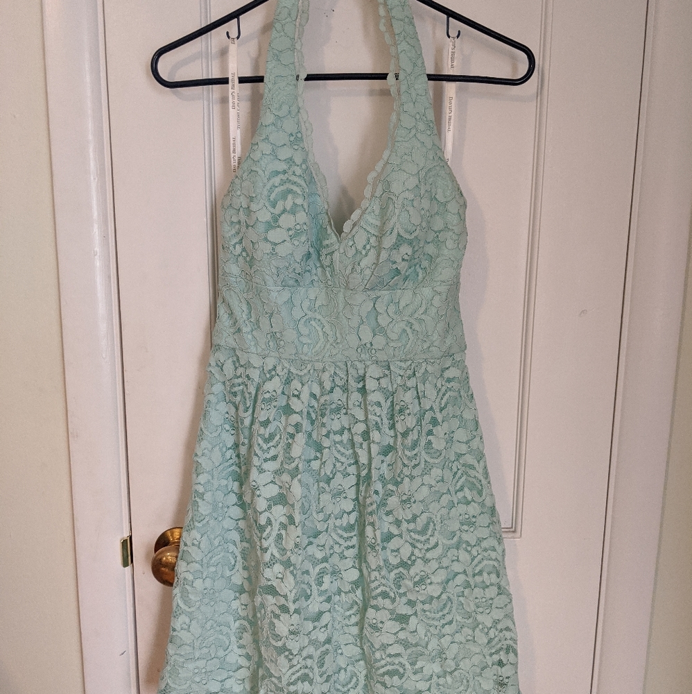 David's Bridal Mint/Aqua lace halter dress